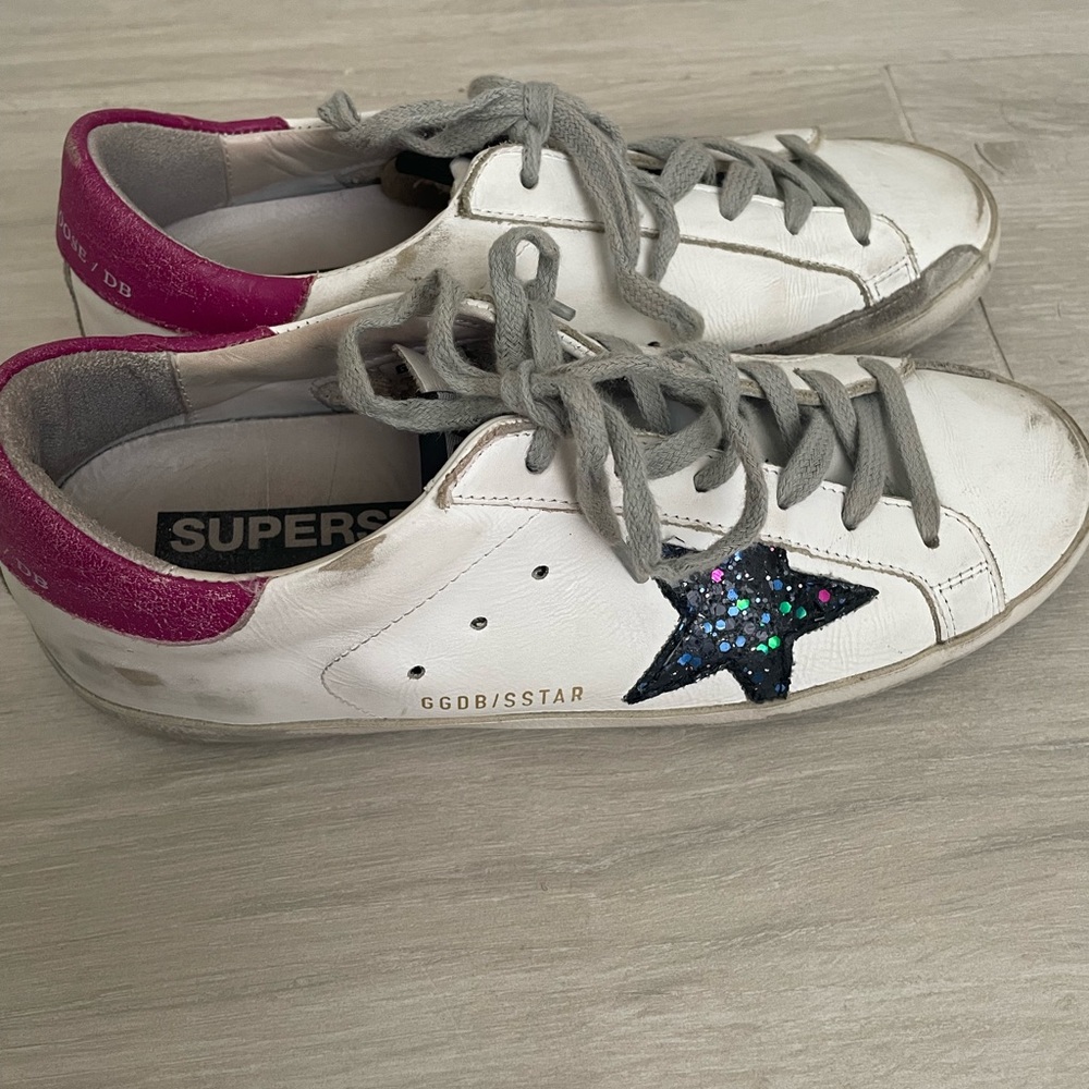 GOLDEN GOOSE Superstar Magenta/ Black and Rainbow Glitter Size 38/ US 8